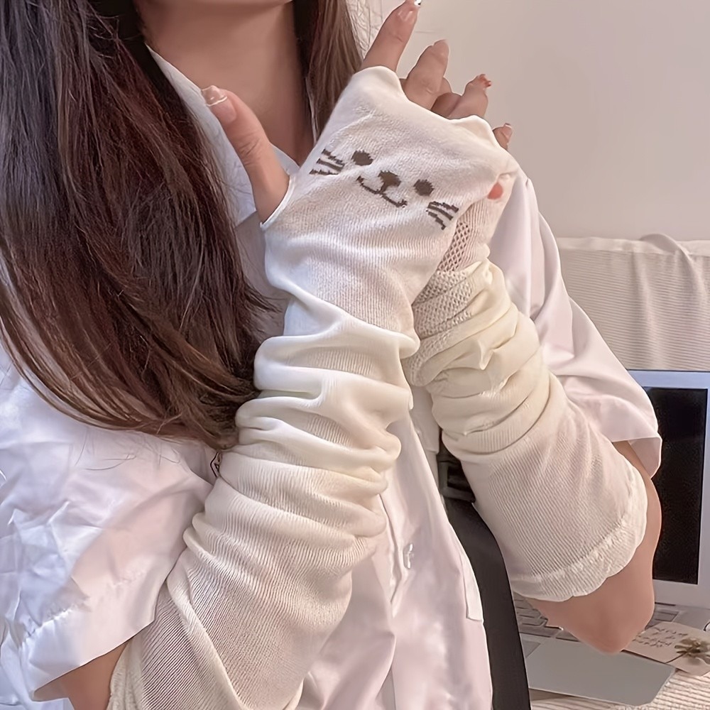 1 Pair Cute Cat Print Arm Cove - Fingerless Glove Knit incelemesi ve fiyatı