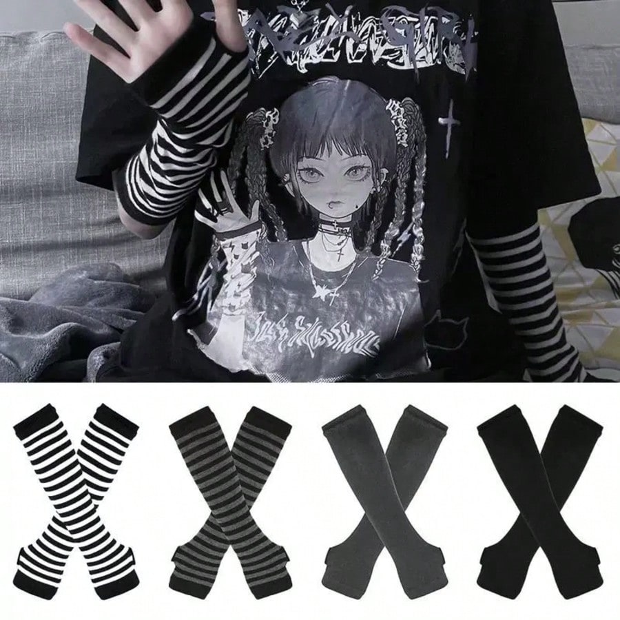 1 Pair Y2K Punk Striped Knitte - Fingerless Glove Knit incelemesi ve fiyatı