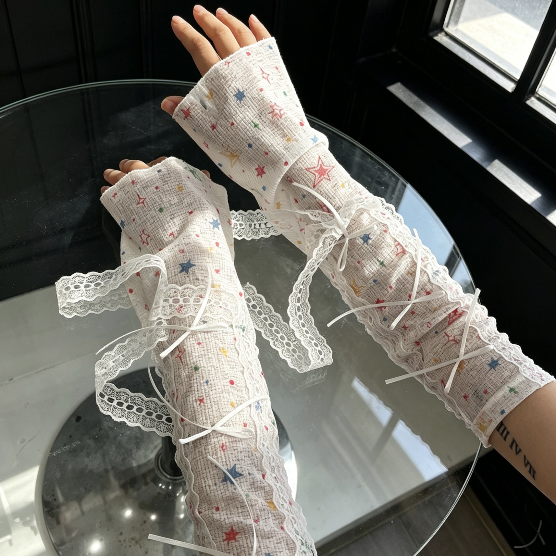 Kawaii Star Print Lace Arm Sle - Fingerless Glove Knit incelemesi ve fiyatı